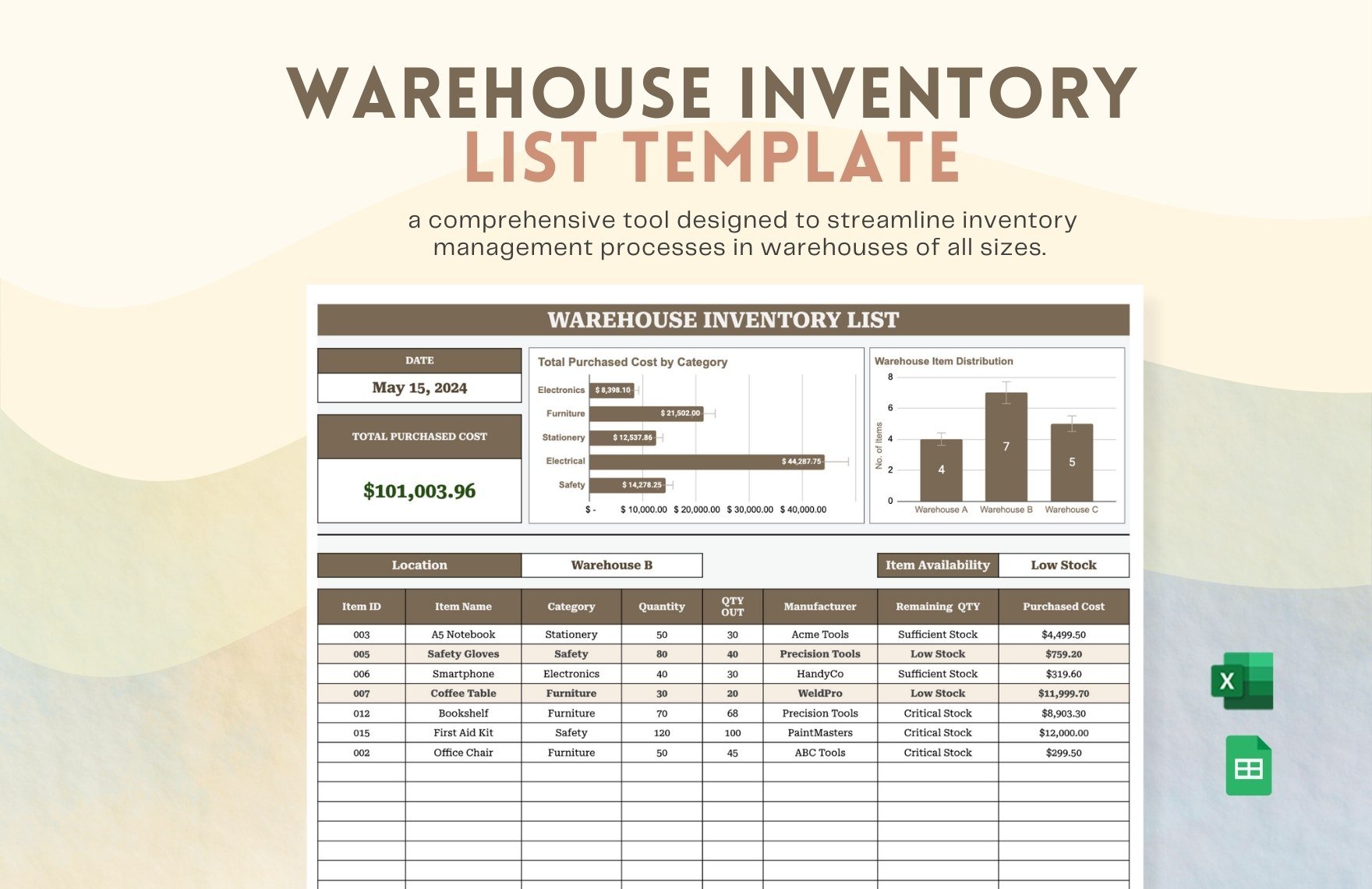Warehouse Inventory List Template in Excel, Google Sheets