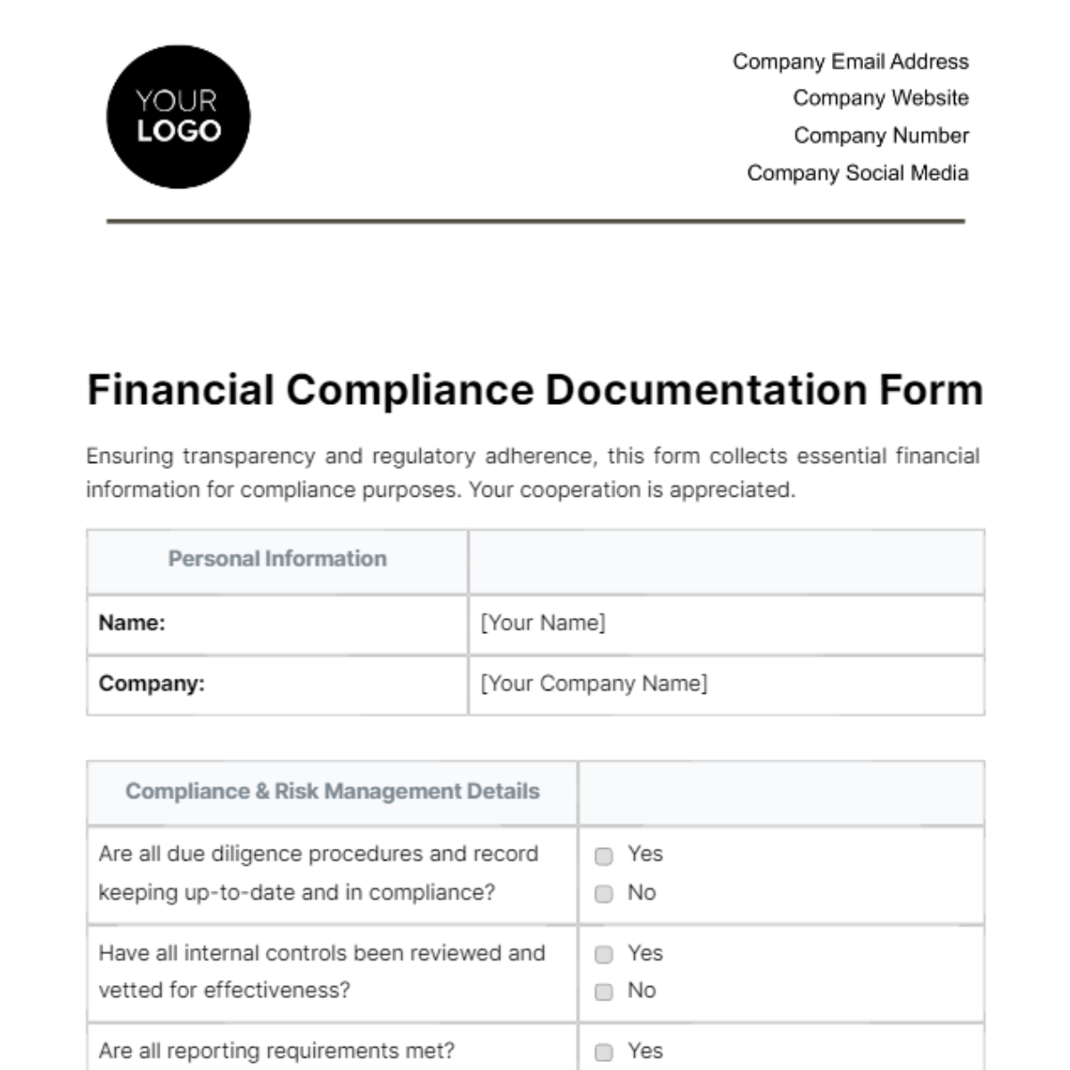 Financial Compliance Documentation Form Template