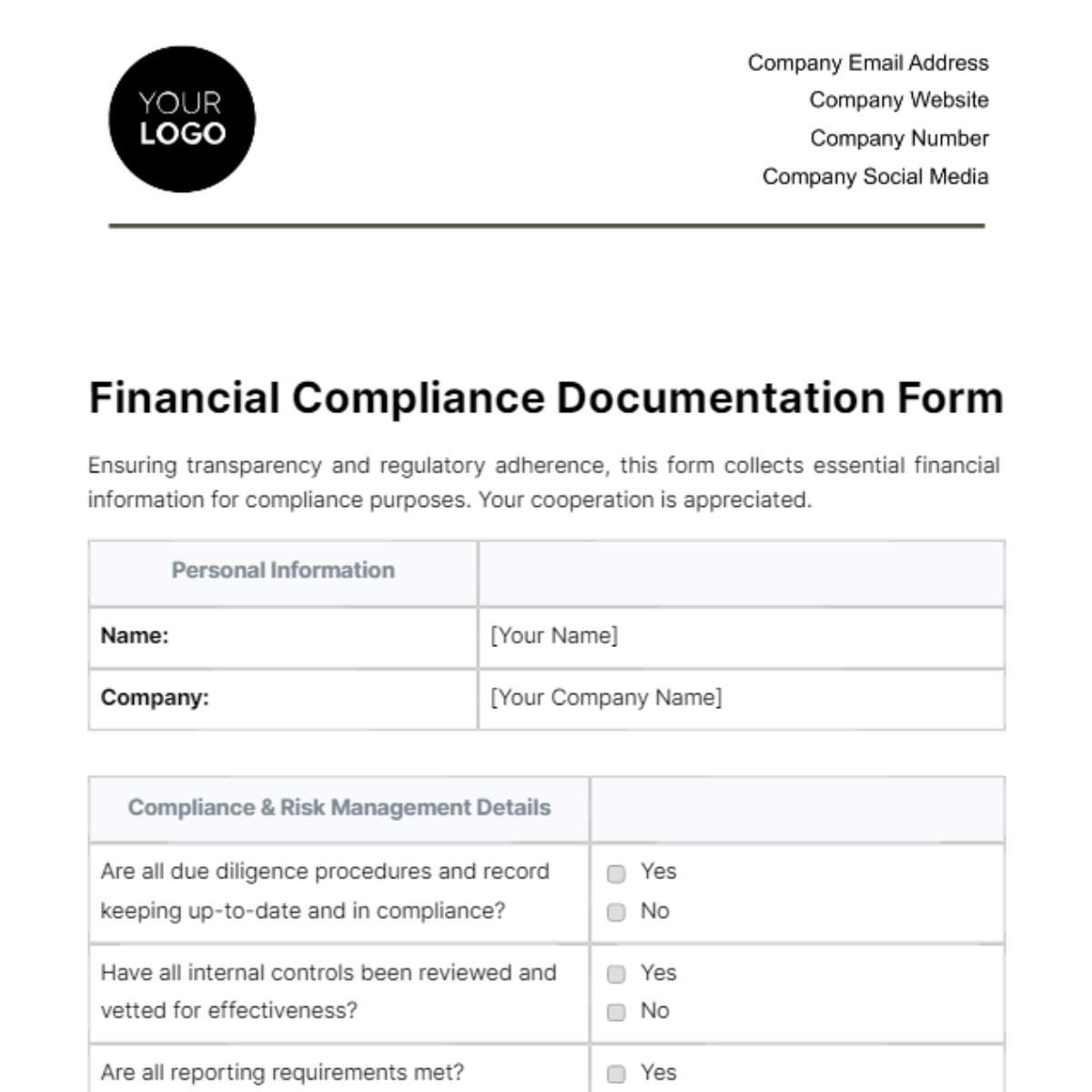 Financial Compliance Documentation Form Template - Edit Online & Download