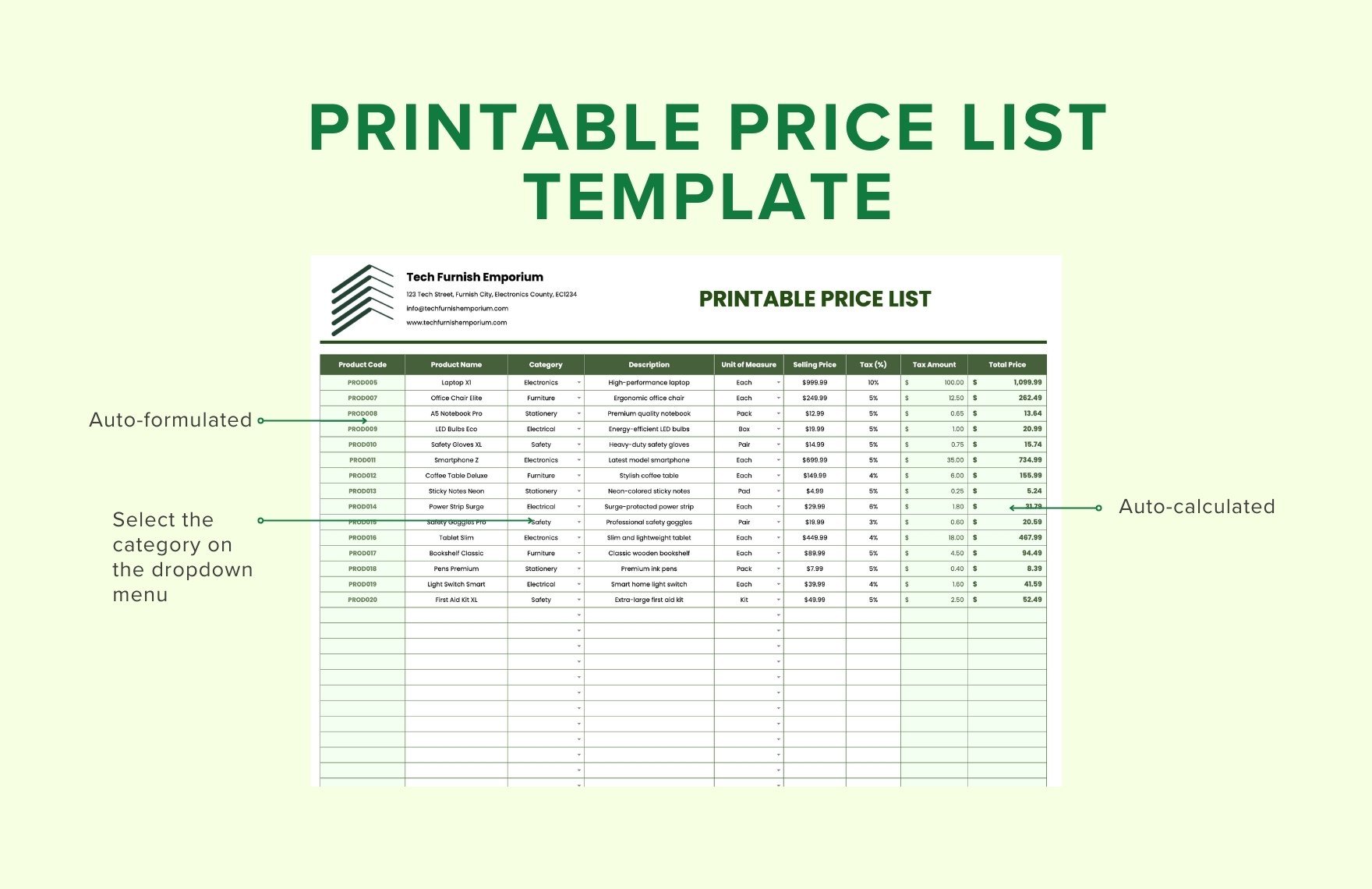 Printable Price List Template