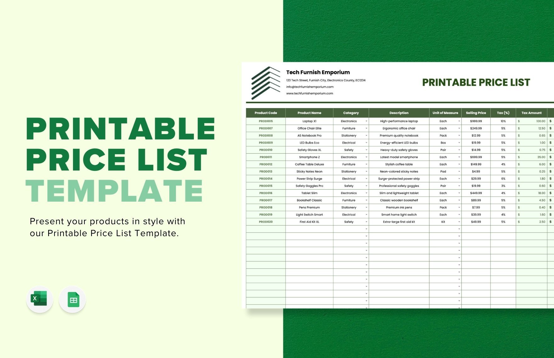 Printable Price List Template