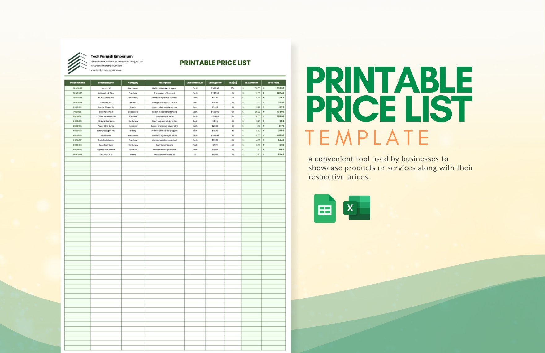 Printable Price List Template in Excel, Google Sheets