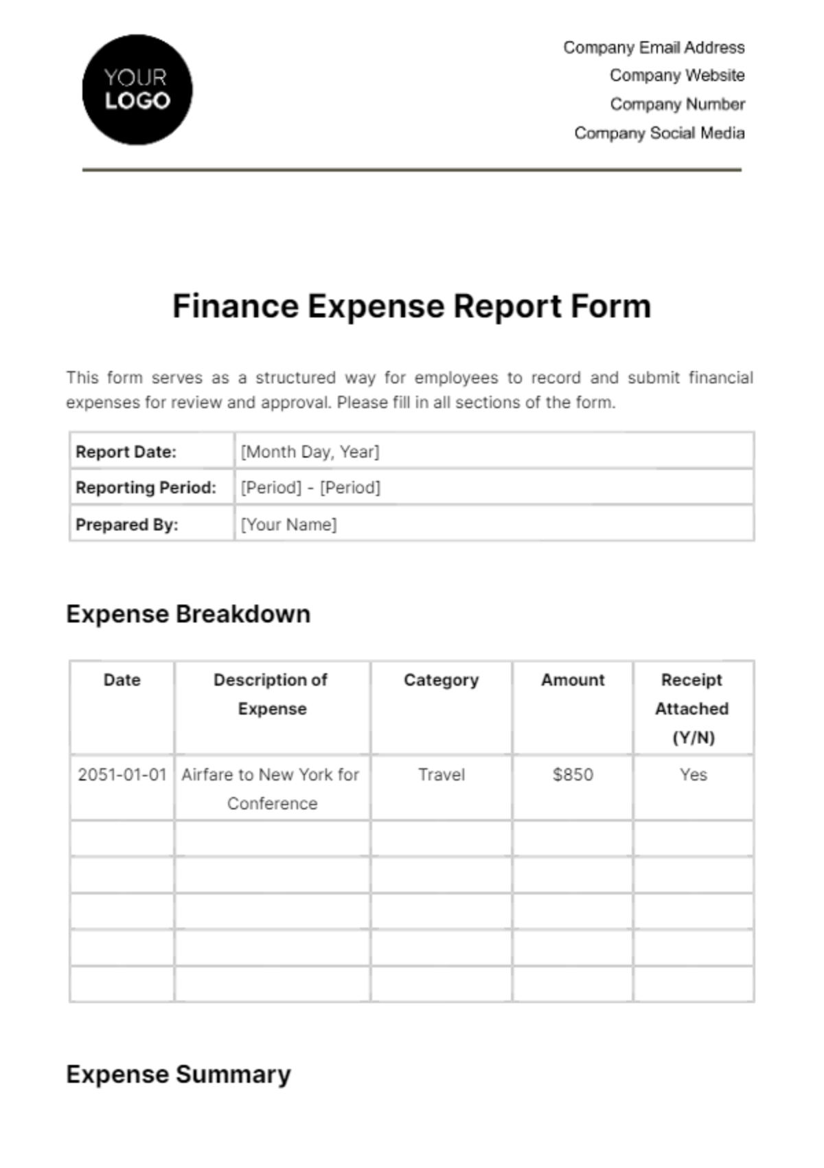 Free Finance Expense Report Form Template