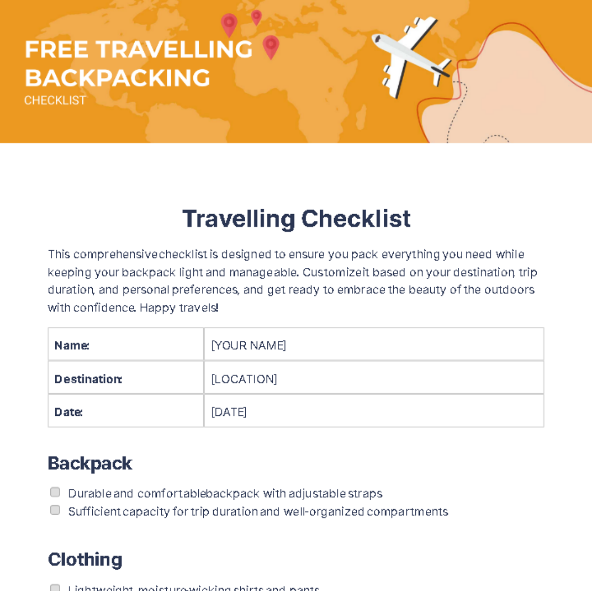 Free Travelling Backpacking Checklist Template