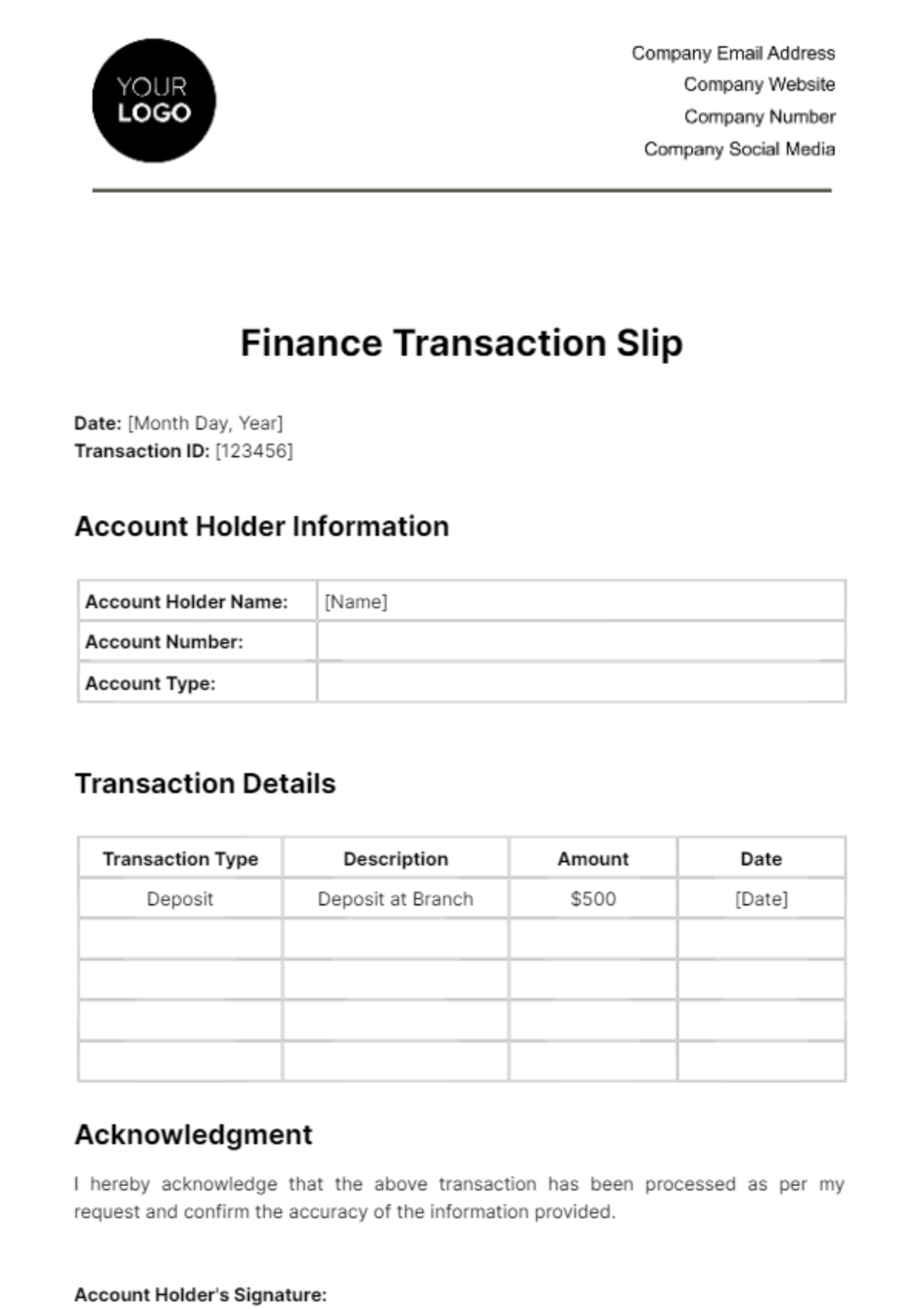 Finance Transaction Slip Template