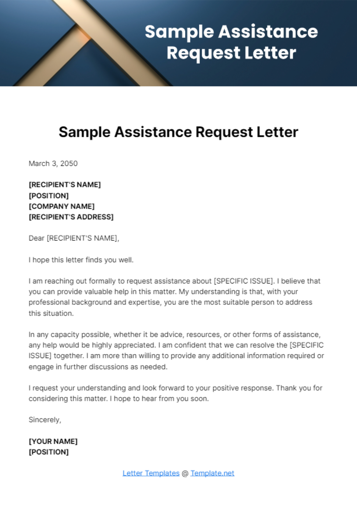 Free Sample Assistance Request Letter Template