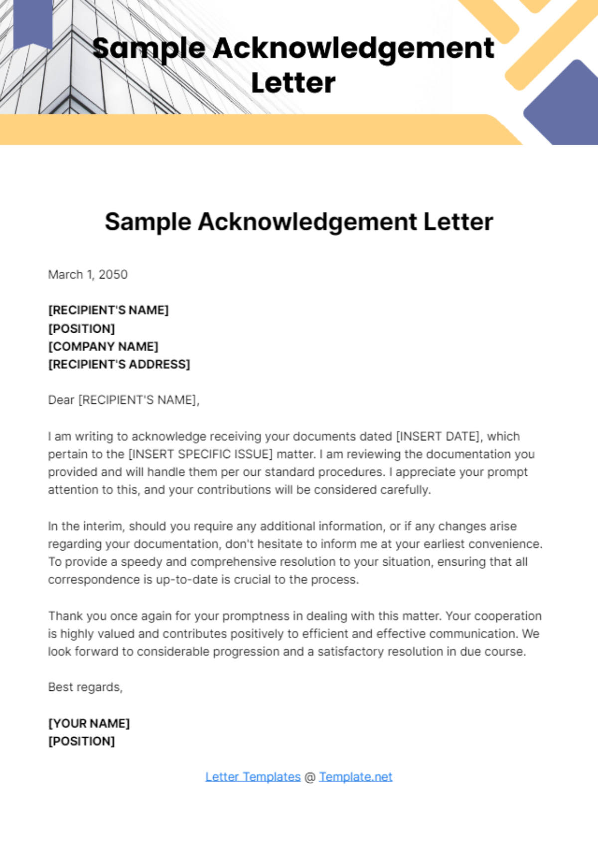 Free Sample Acknowledgement Letter Template