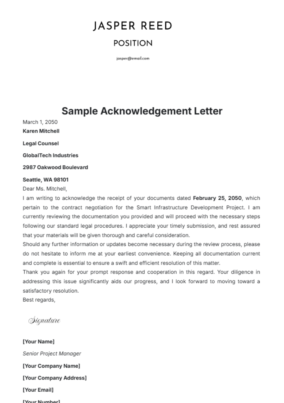 Sample Acknowledgement Letter Template