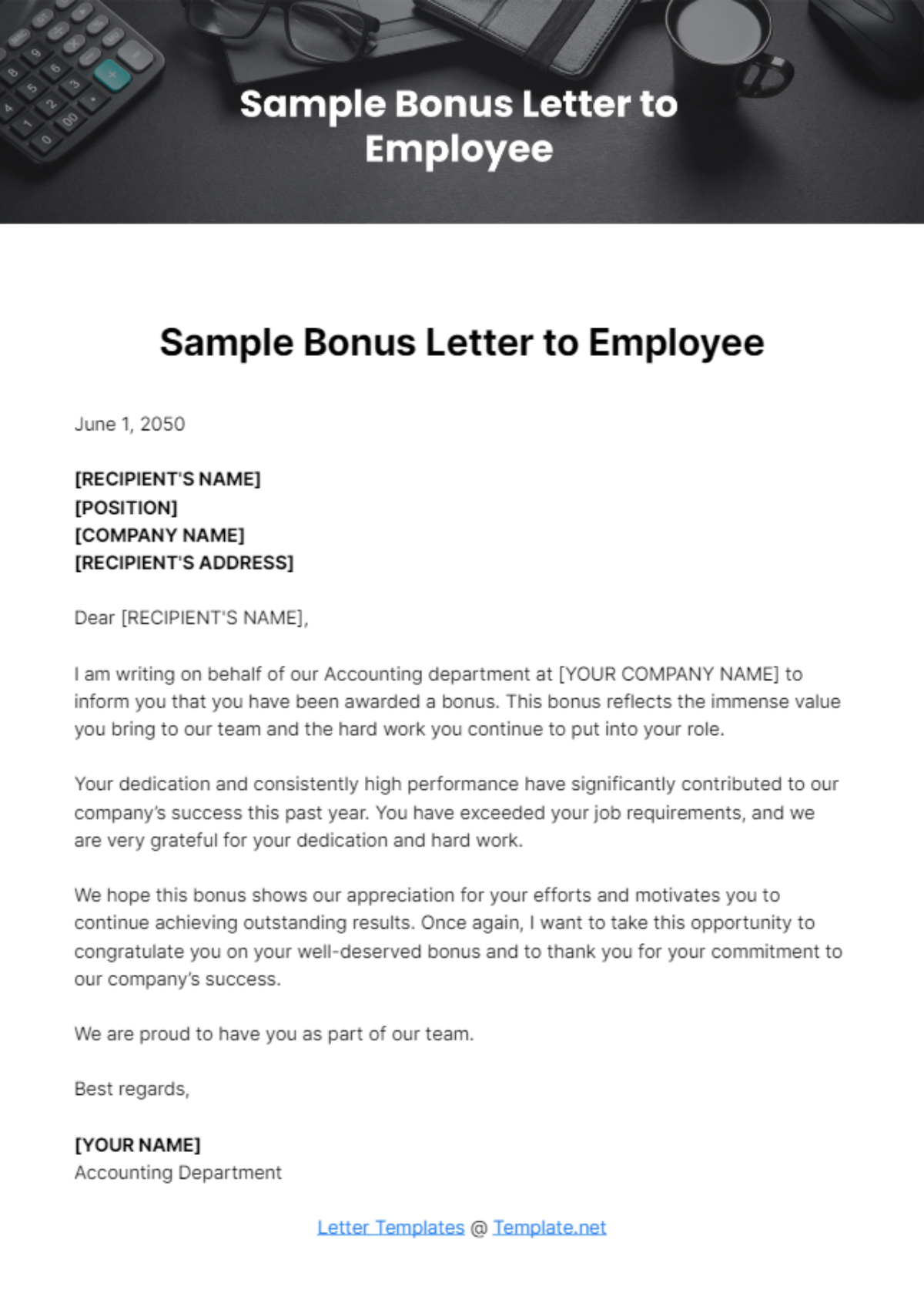 Free Sample Bonus Letter to Employee Template
