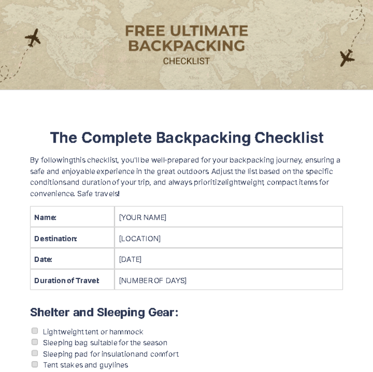 Free Ultimate Backpacking Checklist Template