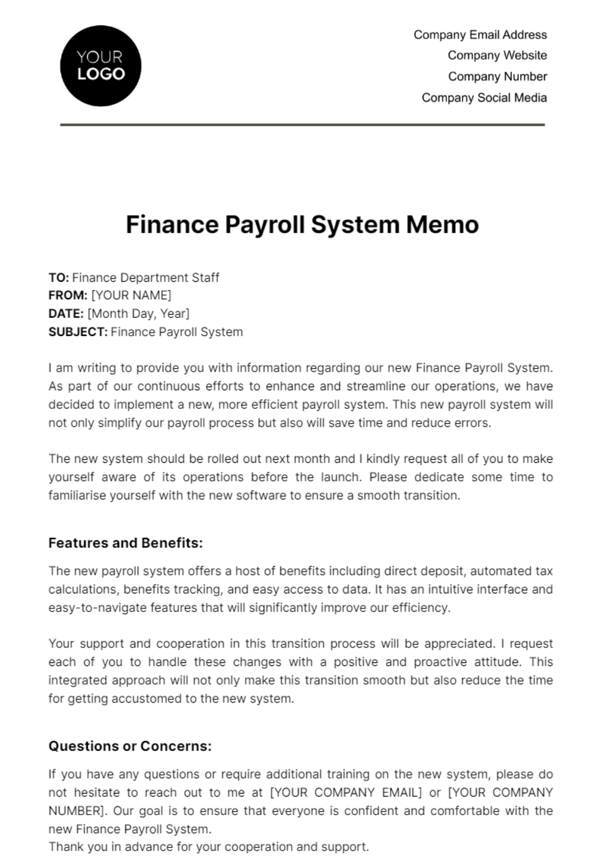 Finance Payroll System Memo Template