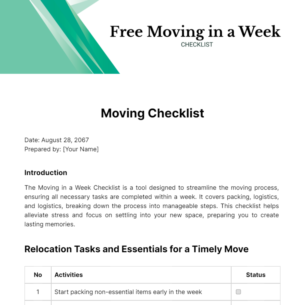 Moving in a Week Checklist Template
