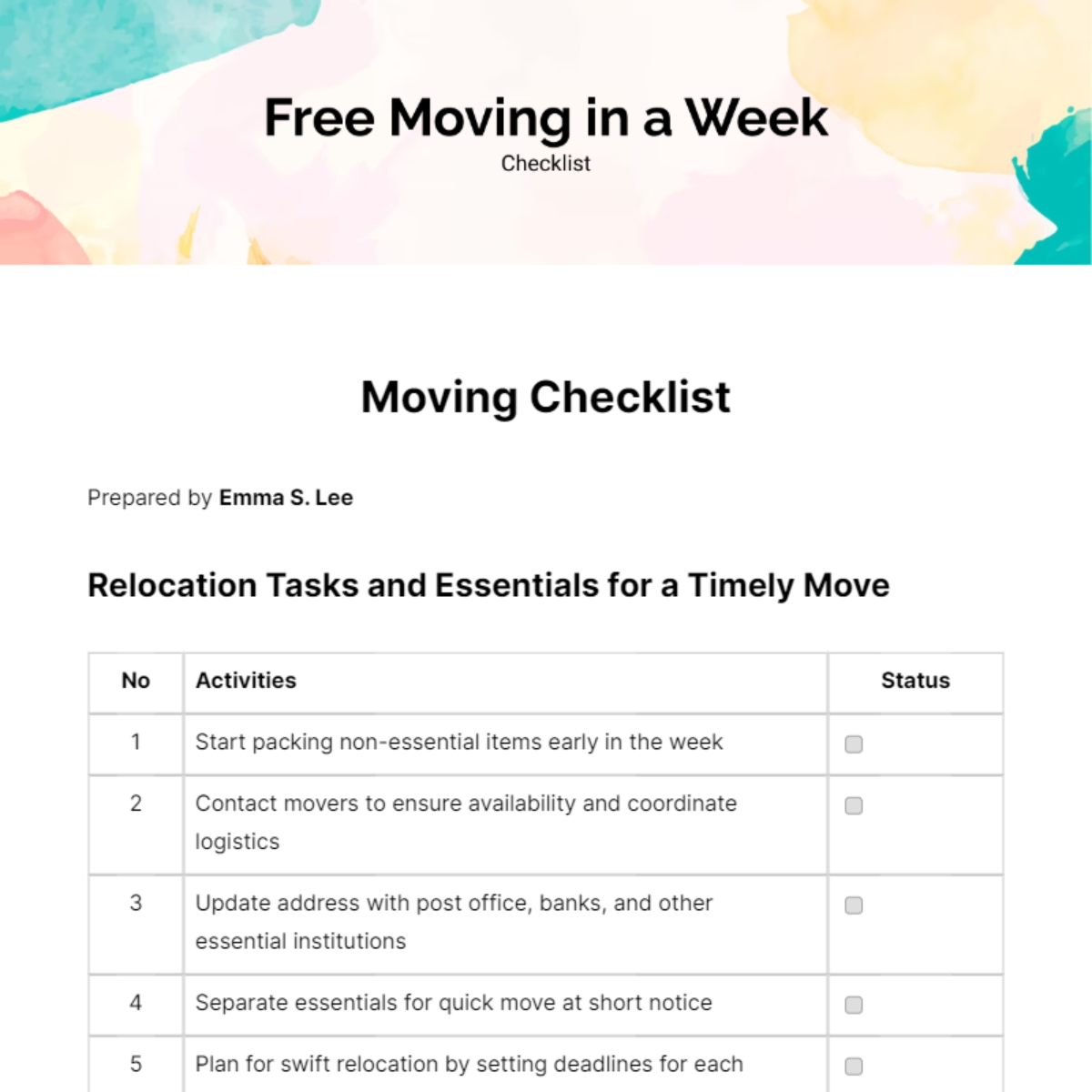 Free Moving in a Week Checklist Template