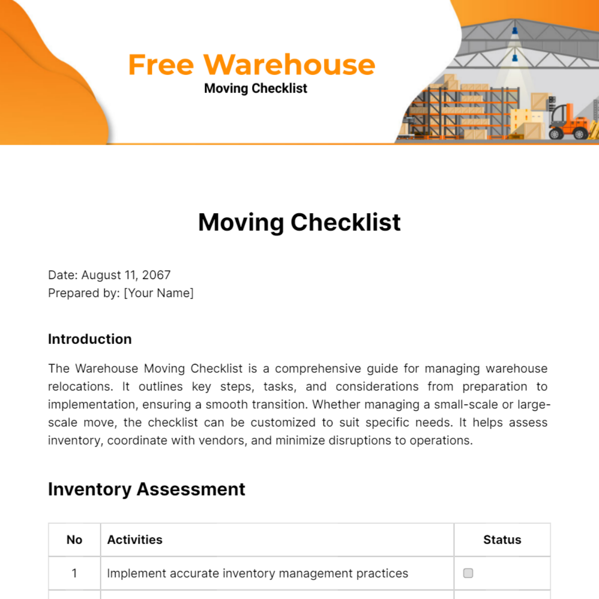 Free Warehouse Moving Checklist Template