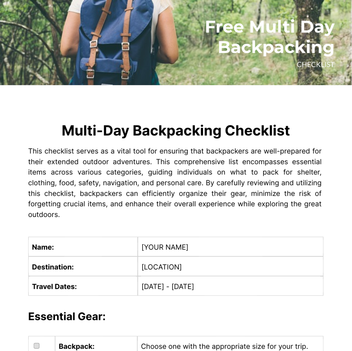 Multi Day Backpacking Checklist Template