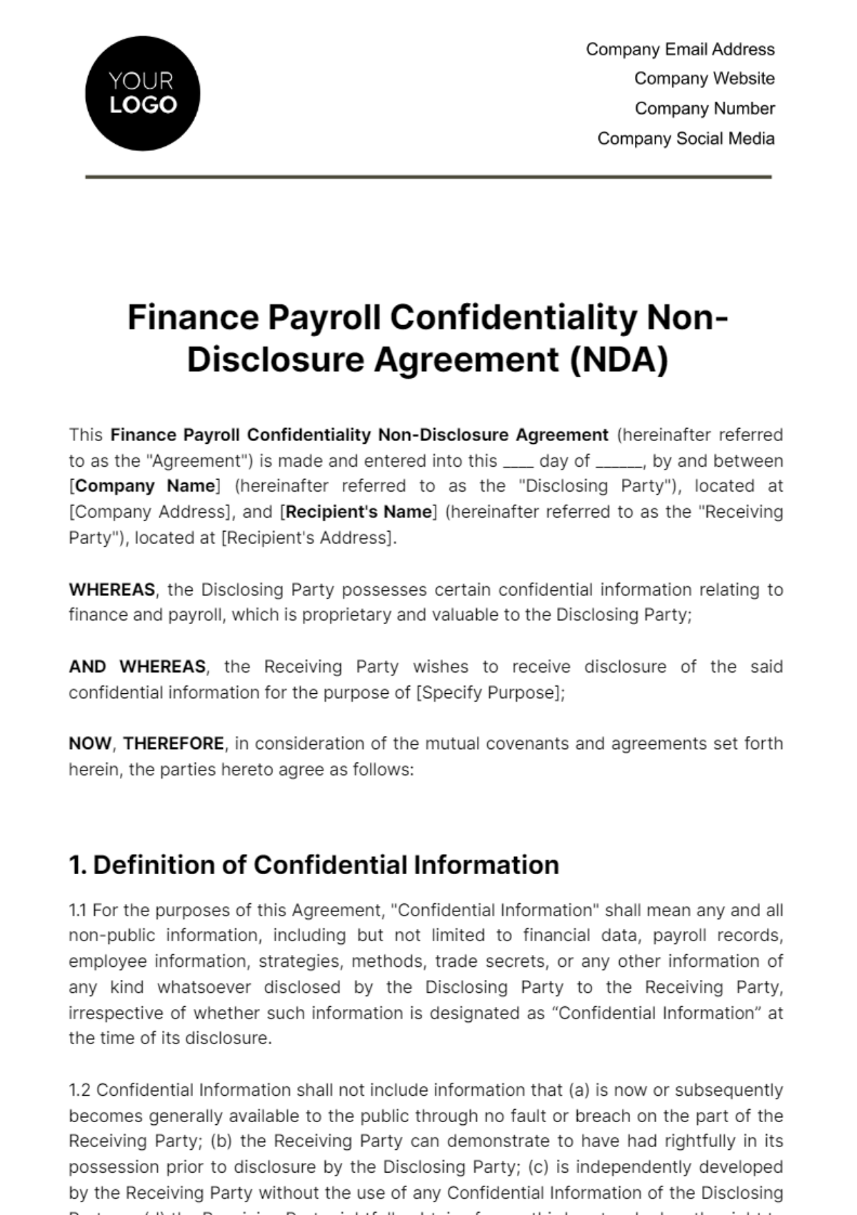 Free Finance Payroll Confidentiality NDA Template