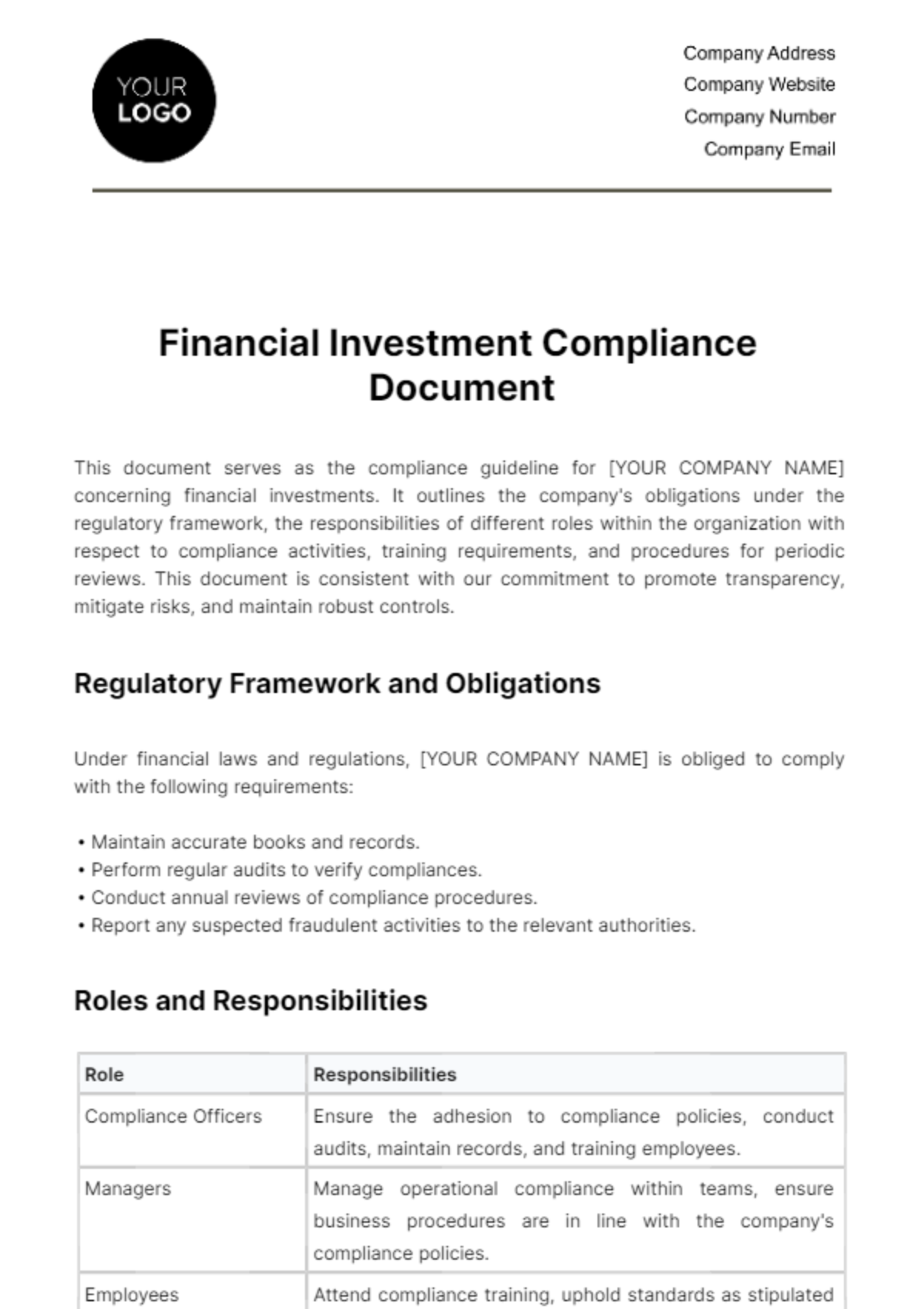 Financial Investment Compliance Document Template