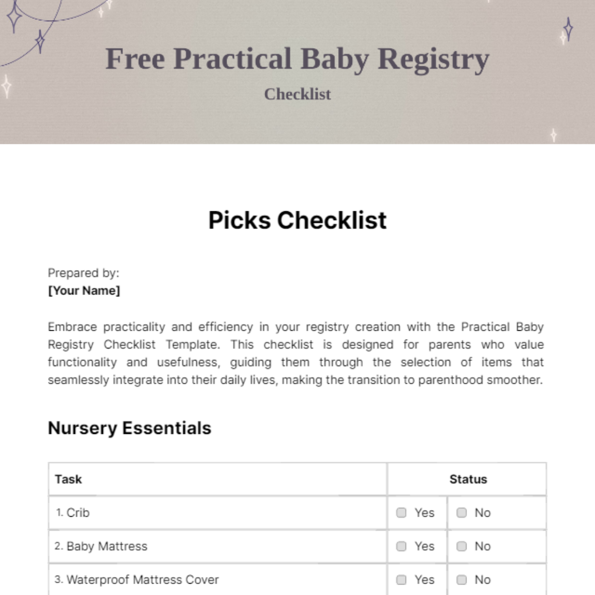 Practical Baby Registry Checklist Template