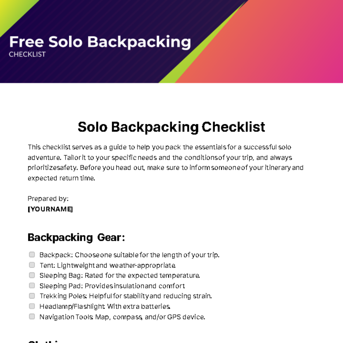 Free Solo Backpacking Checklist Template