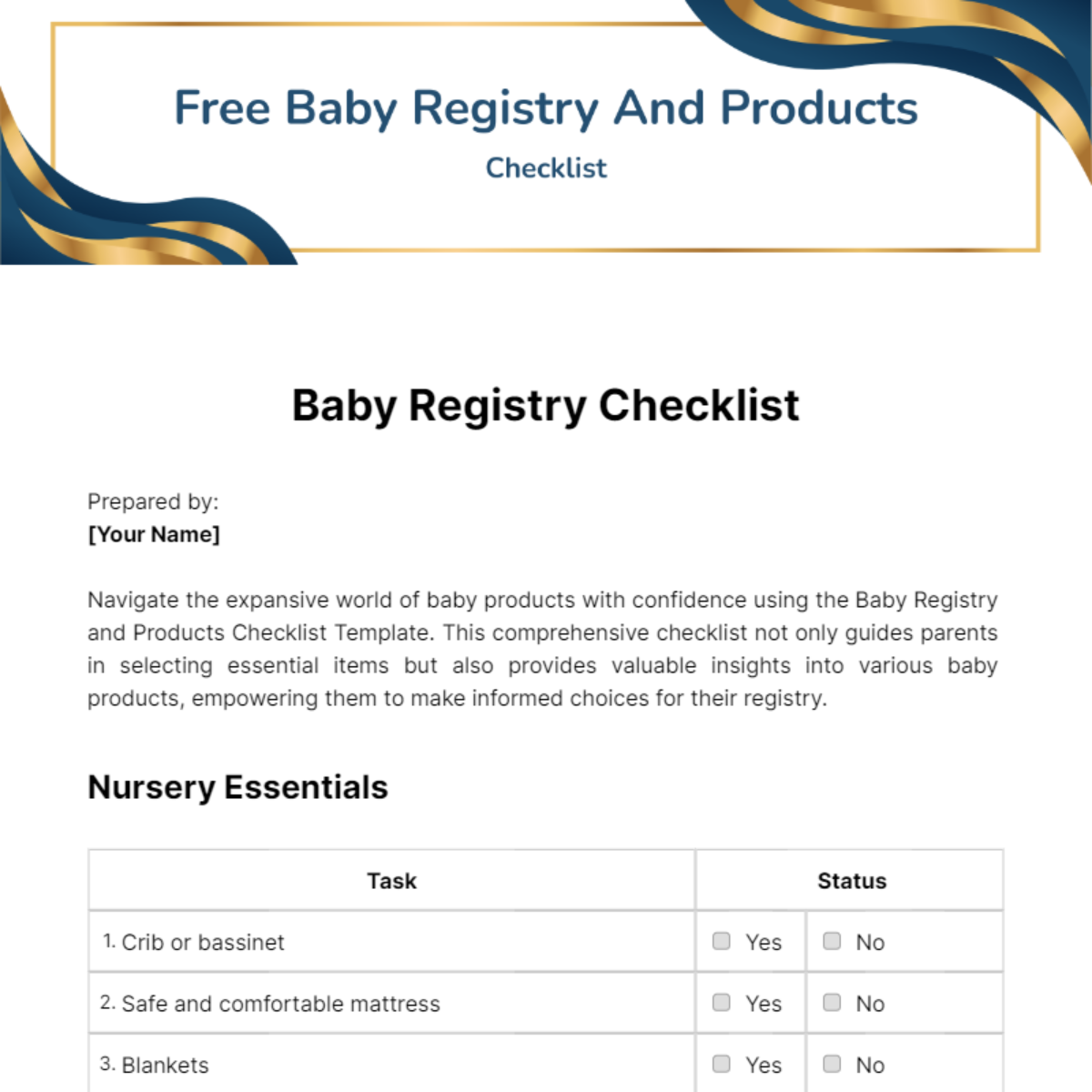 Baby Registry And Products Checklist Template