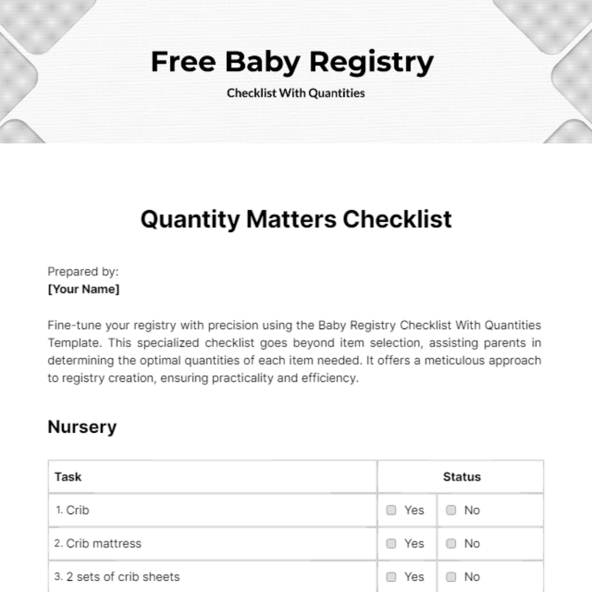Baby Registry Checklist With Quantities Template