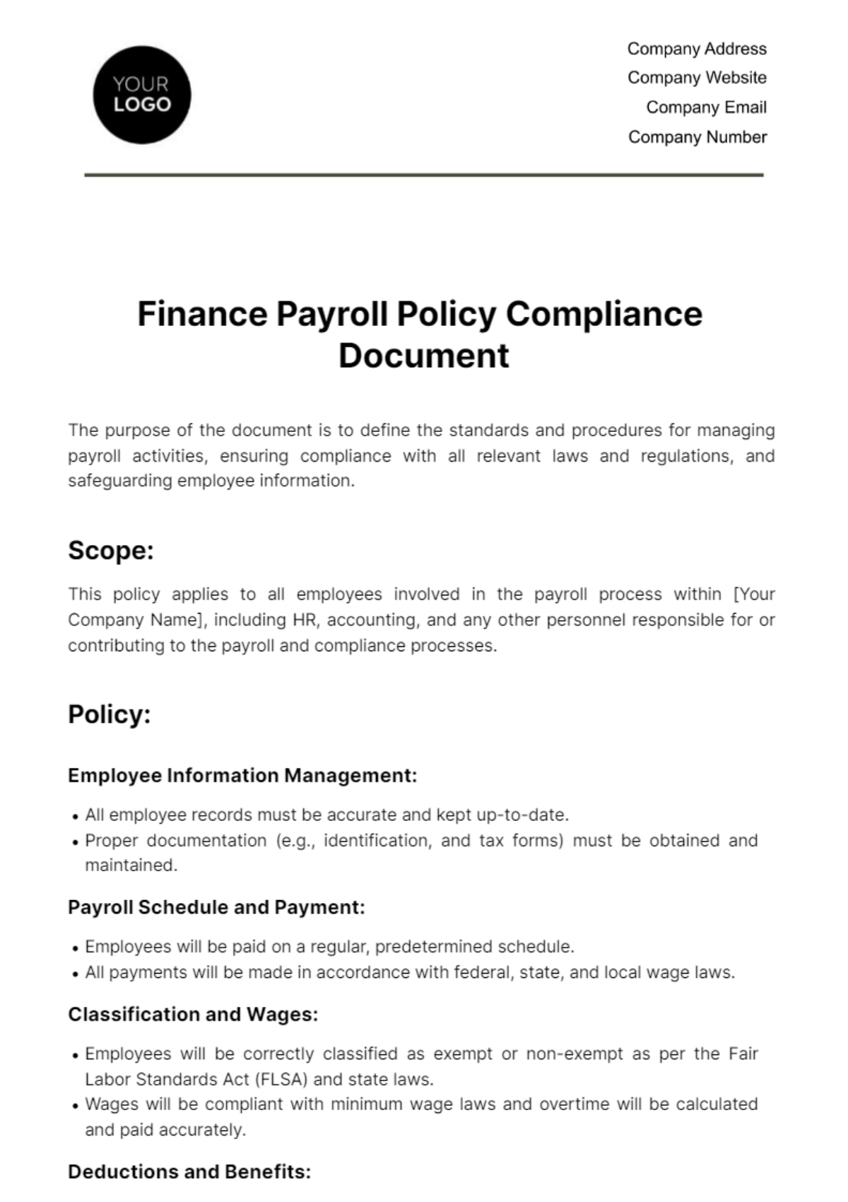 Free Finance Payroll Policy Compliance Document Template