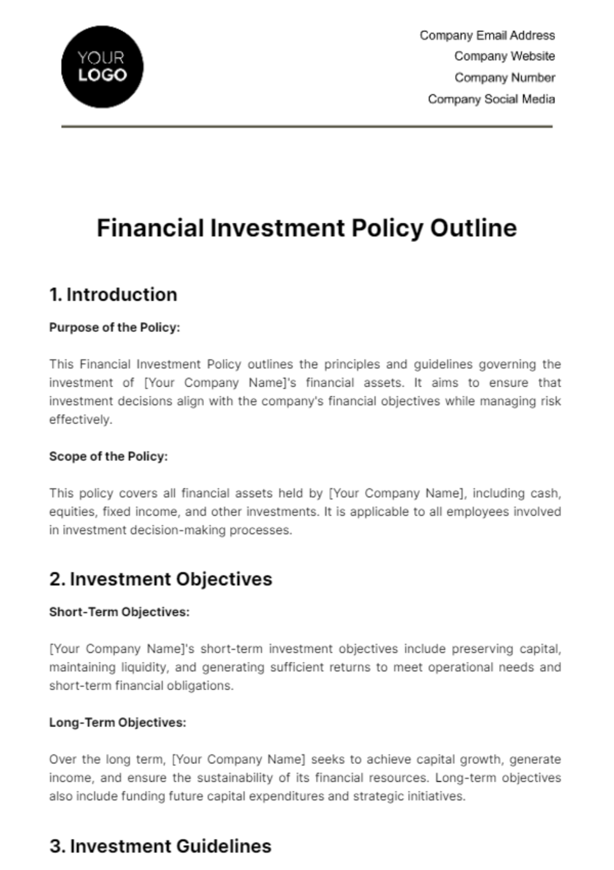Financial Investment Policy Outline Template