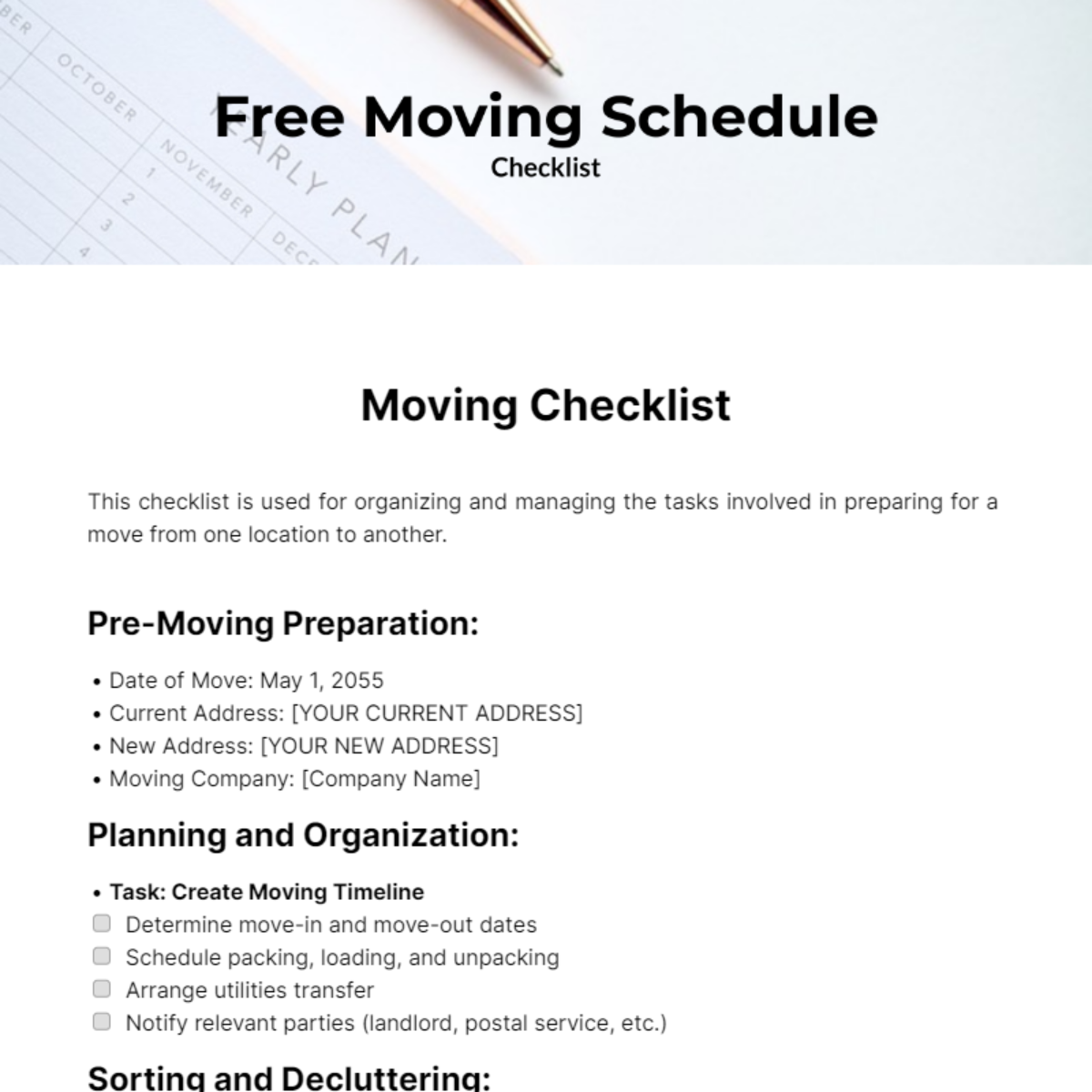 Moving Schedule Checklist Template