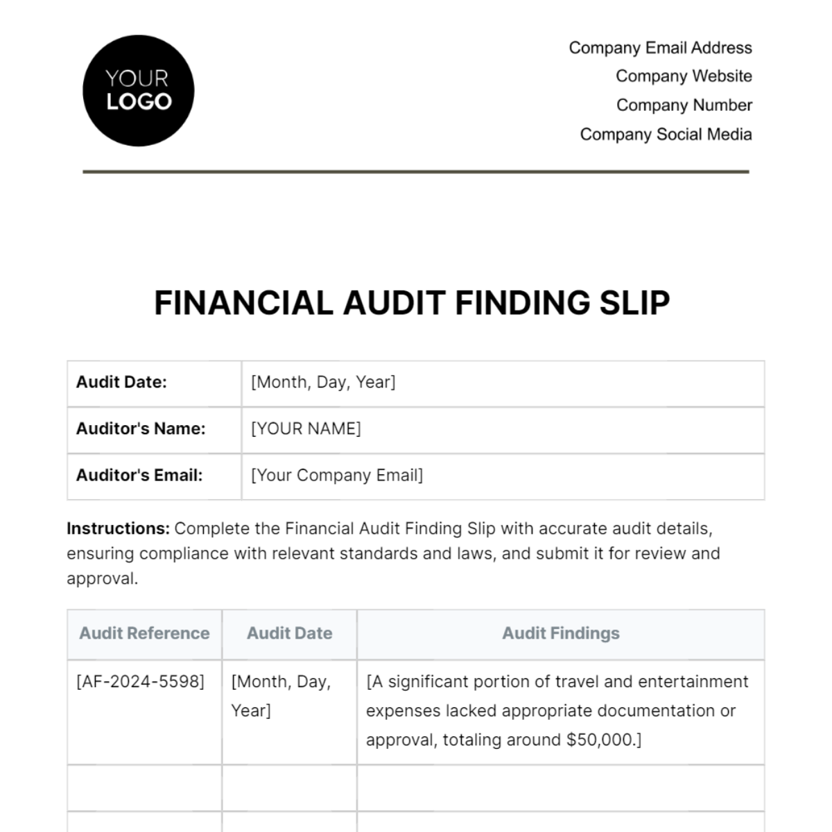 Financial Audit Finding Slip Template