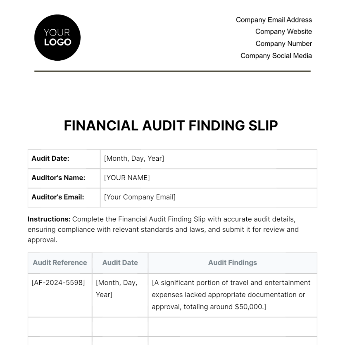 Financial Audit Finding Slip Template - Edit Online & Download