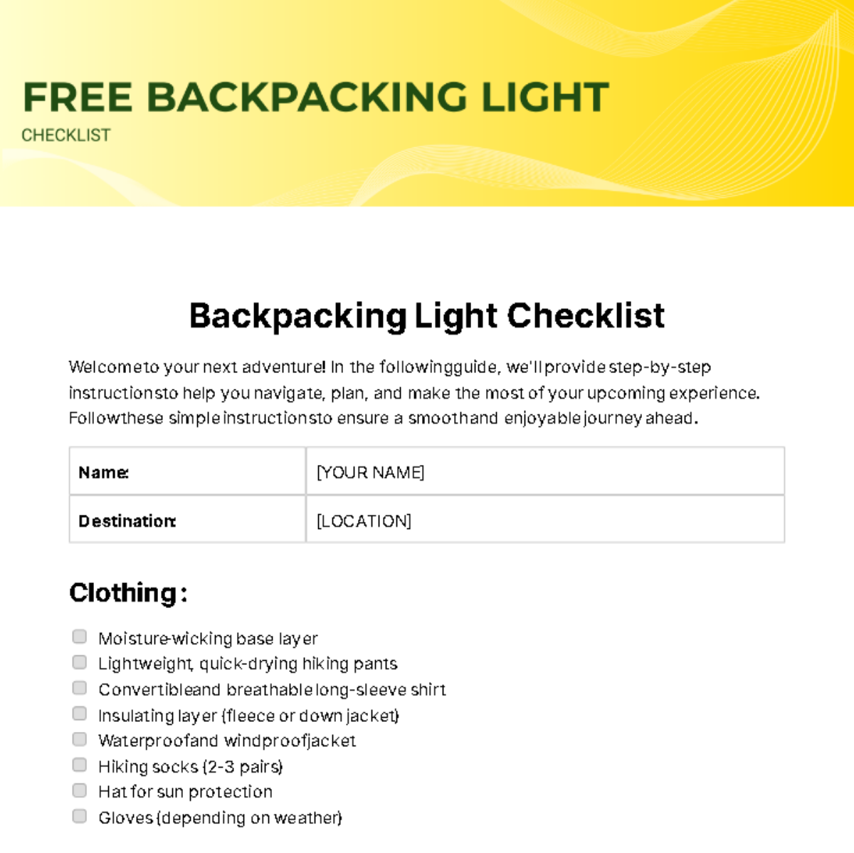 Backpacking Light Checklist Template