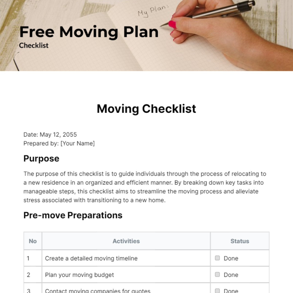 Free Moving Plan Checklist Template