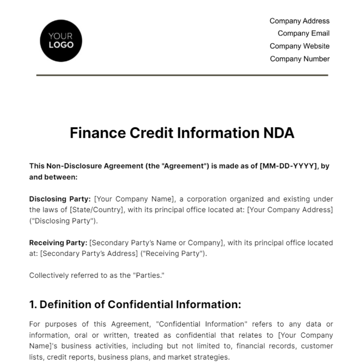 Finance Credit Information NDA Template