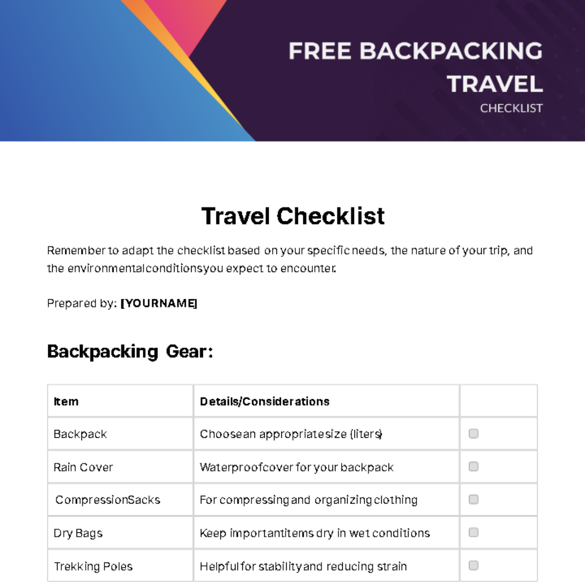Backpacking Travel Checklist Template