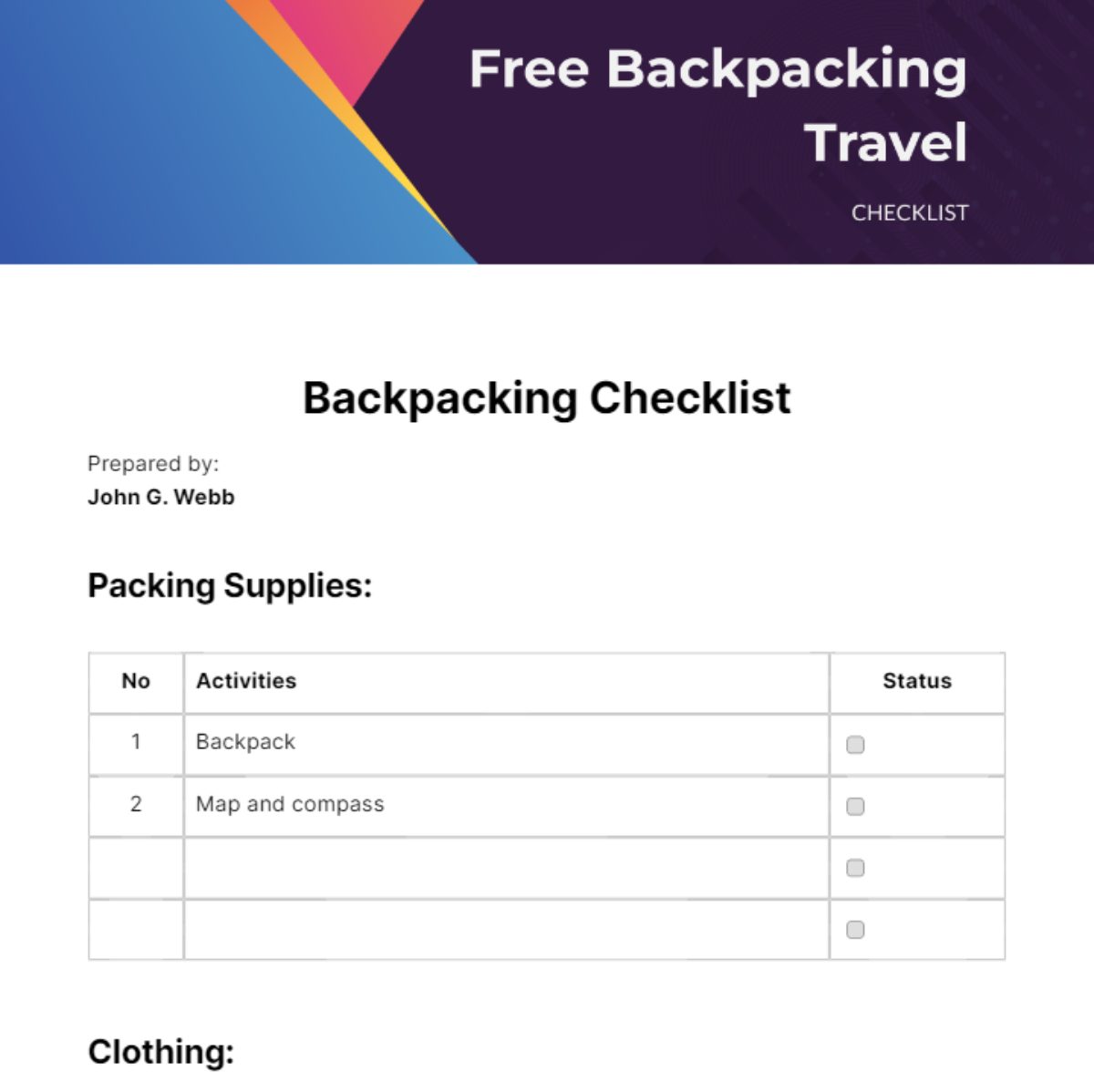 Backpacking Travel Checklist - Edit Online & Download Example