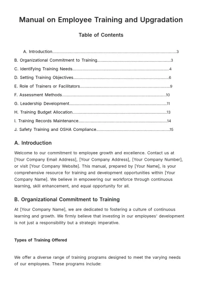 Free Manual on Employee Training and Upgradation HR Template to Edit Online