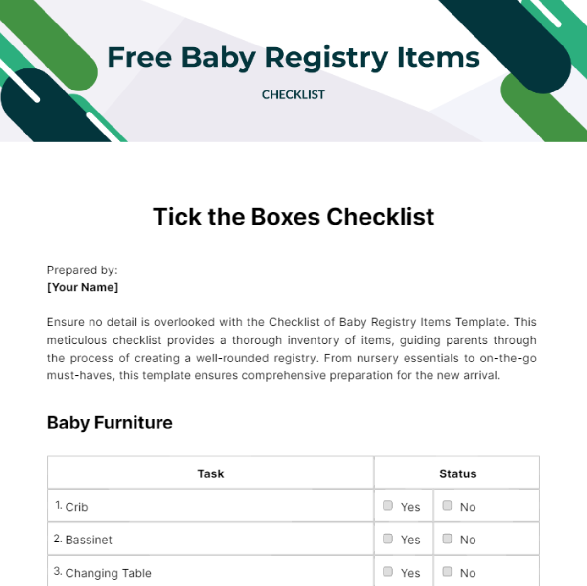 Checklist Of Baby Registry Items Template