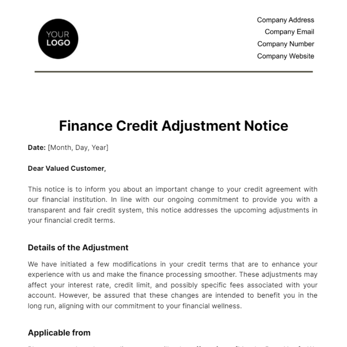Free Finance Credit Adjustment Notice Template