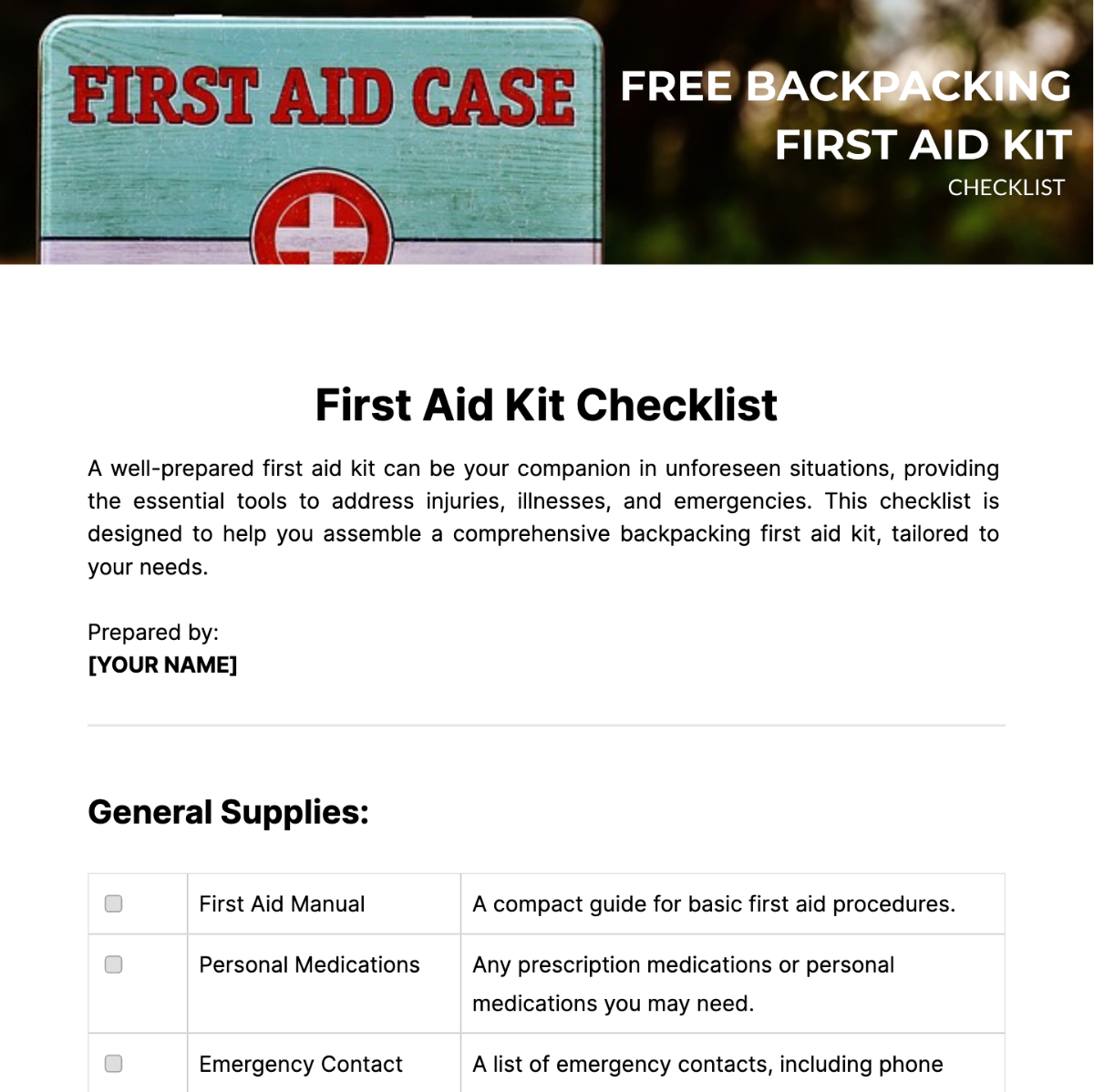Free Backpacking First Aid Kit Checklist Template