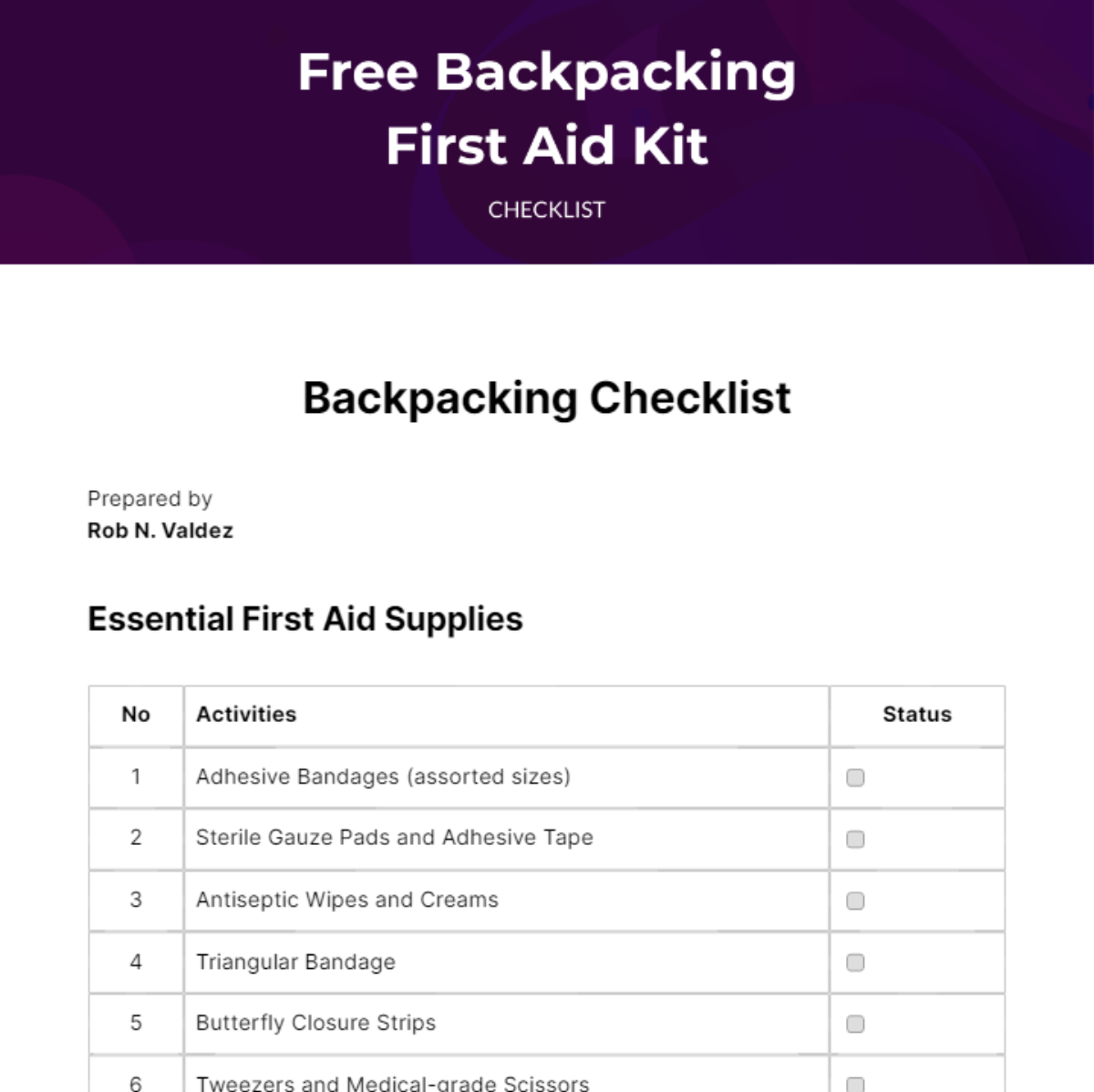 Backpacking First Aid Kit Checklist - Edit Online & Download Example