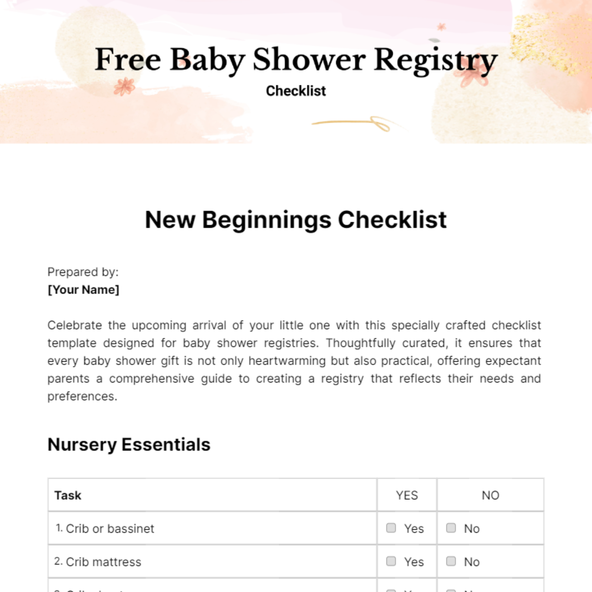 Baby Shower Registry Checklist Template