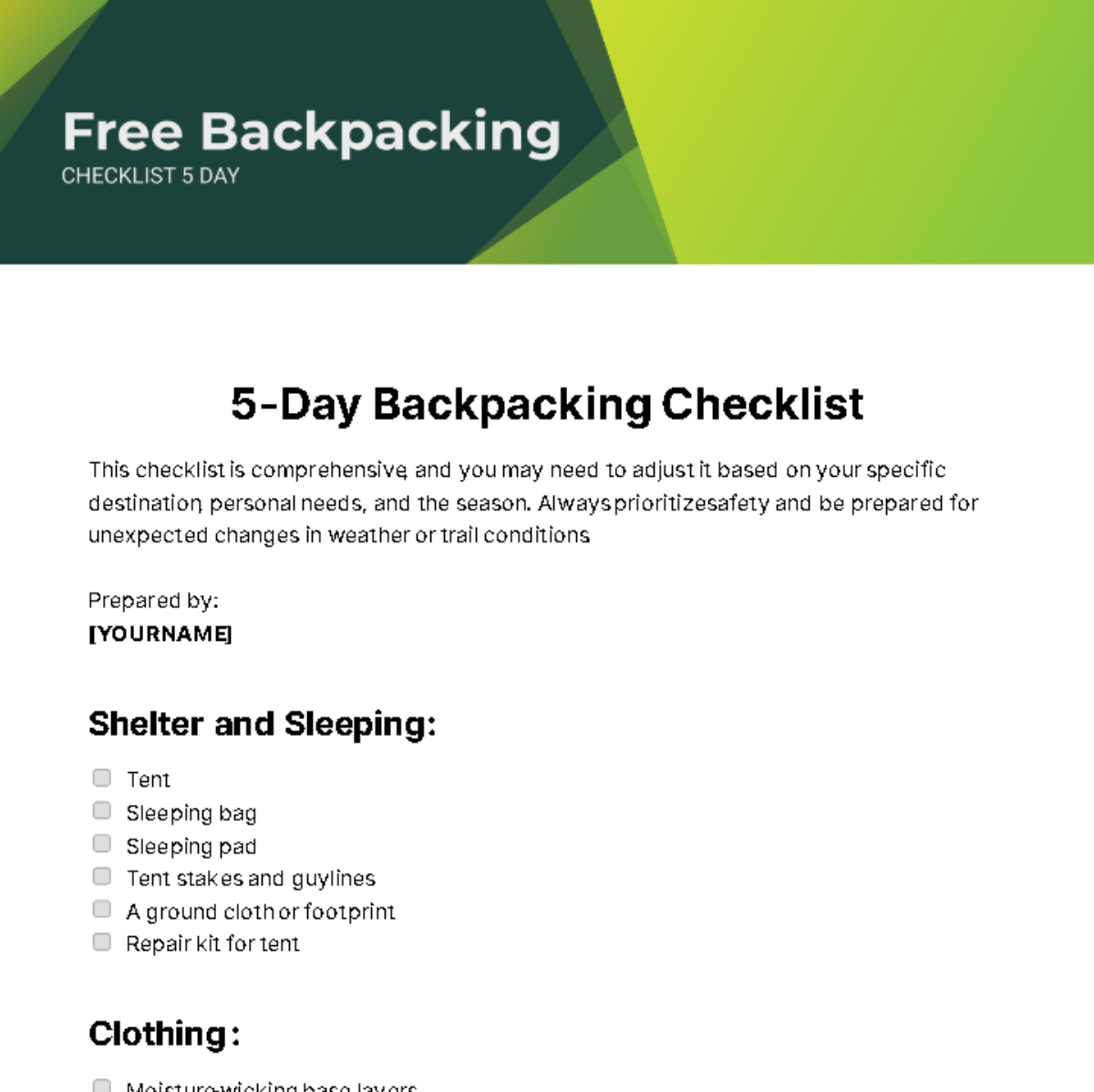 Backpacking Checklist 5 Day Template