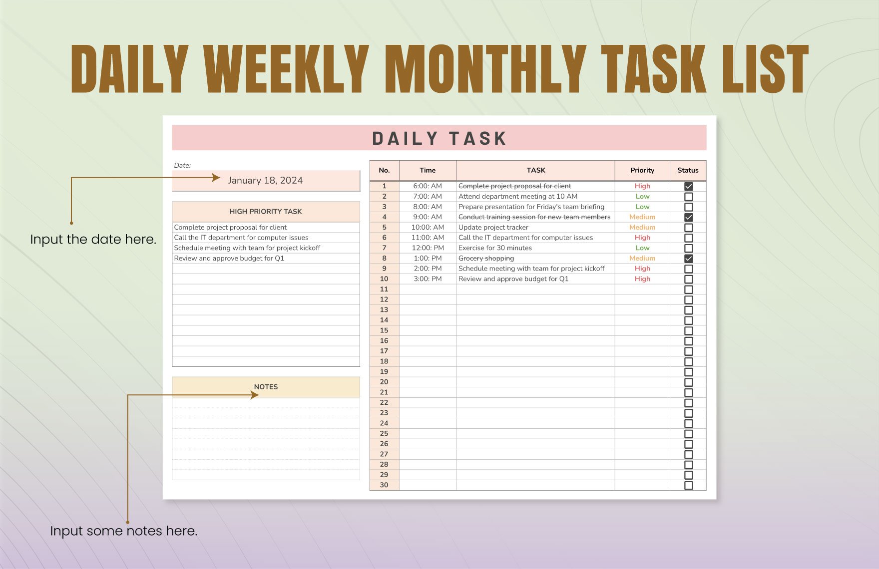 Daily Weekly Monthly Task List Template