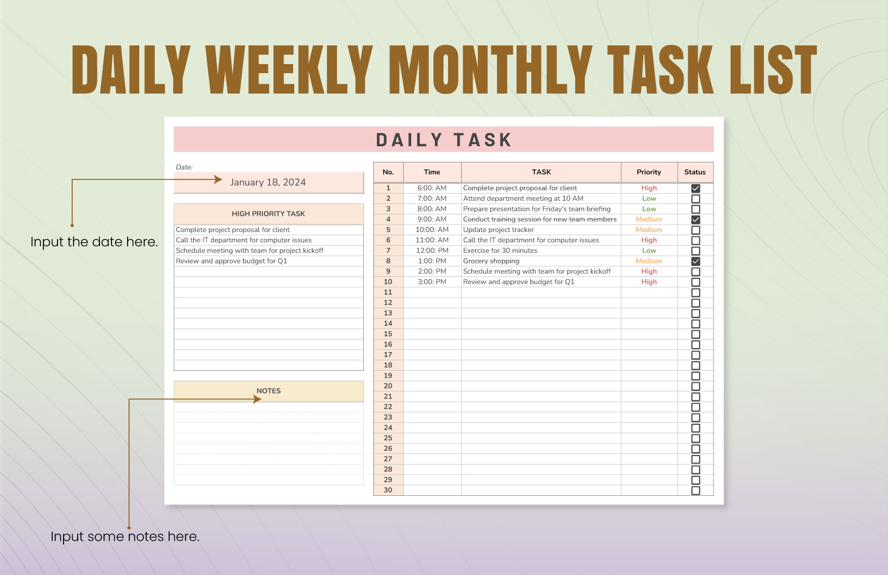 Daily Weekly Monthly Task List Template In Excel Google Sheets 