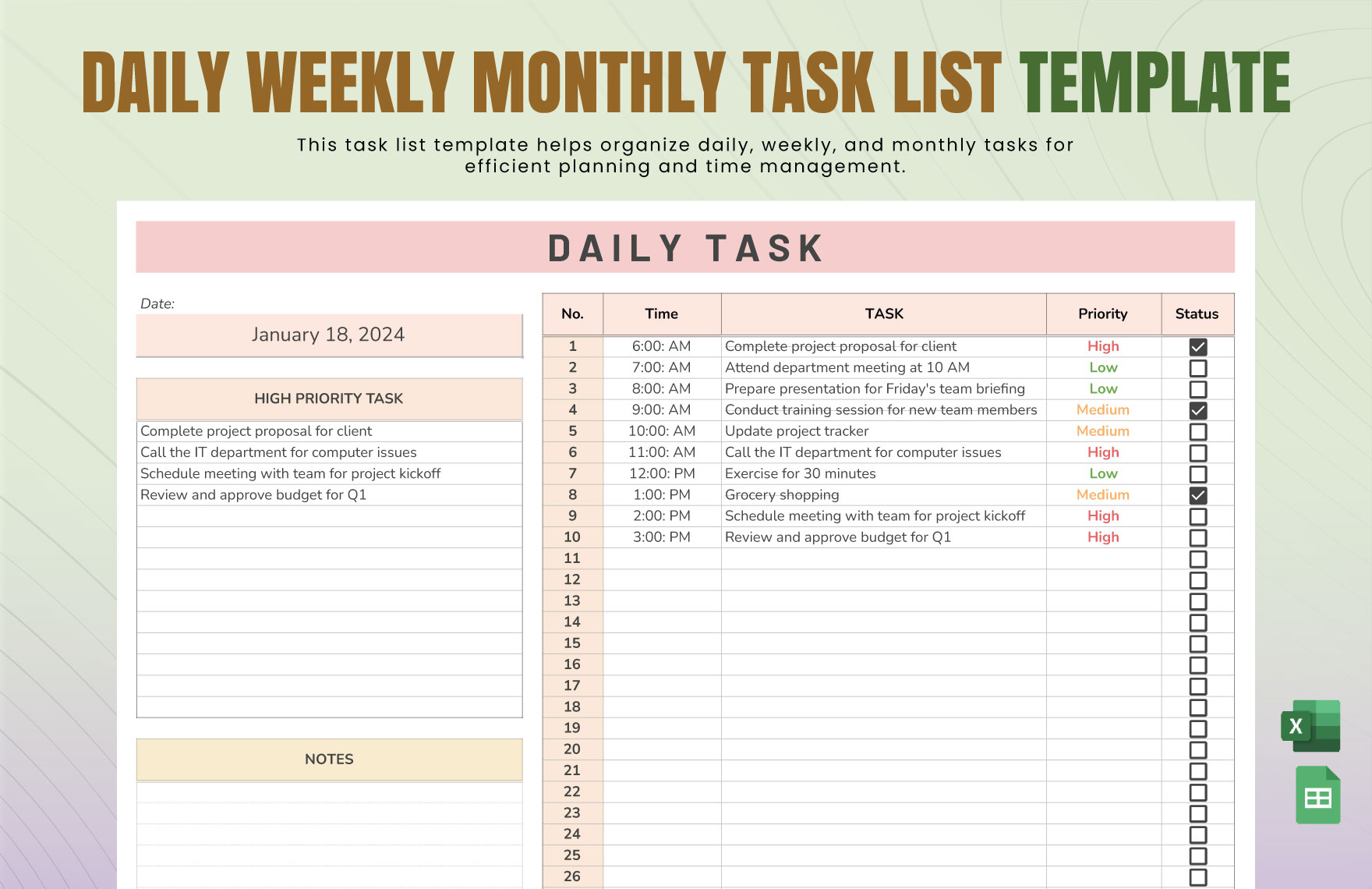 Daily Weekly Monthly Task List Template in Excel, Google Sheets