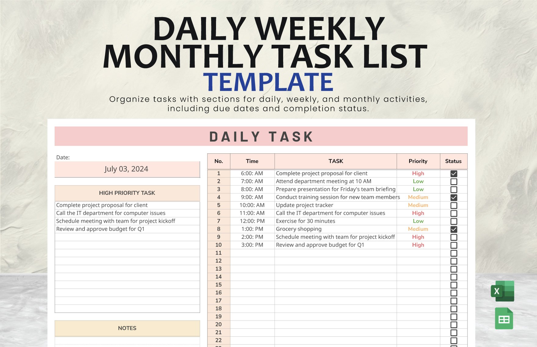 Daily Weekly Monthly Task List Template in Excel, Google Sheets
