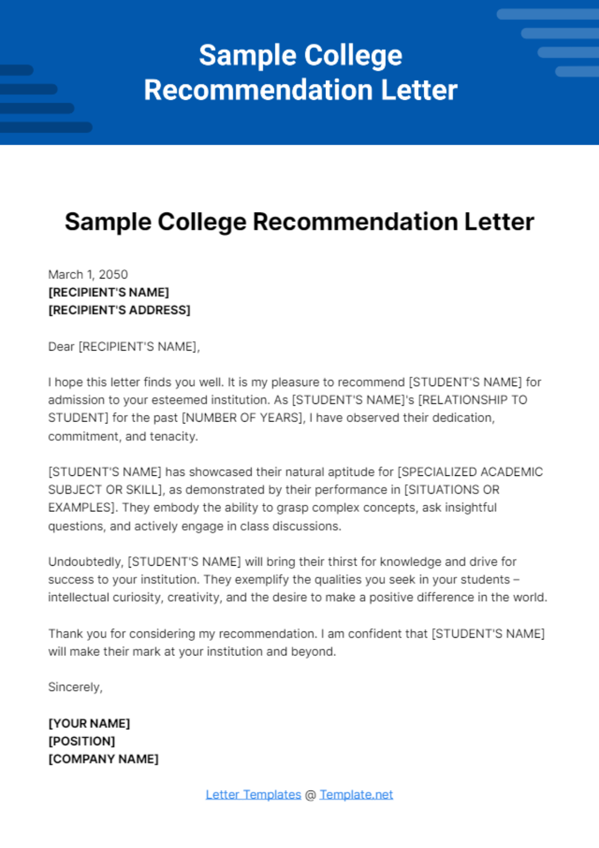 Free Sample College Recommendation Letter Template