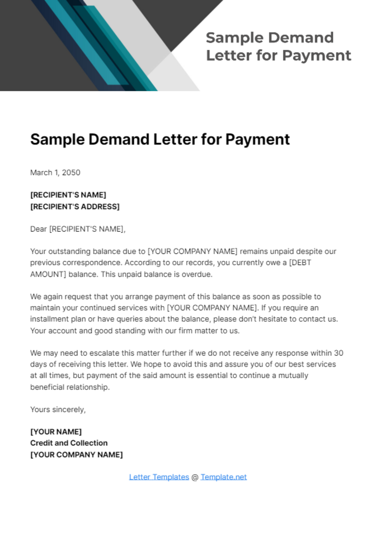 Free Sample Demand Letter for Payment Template