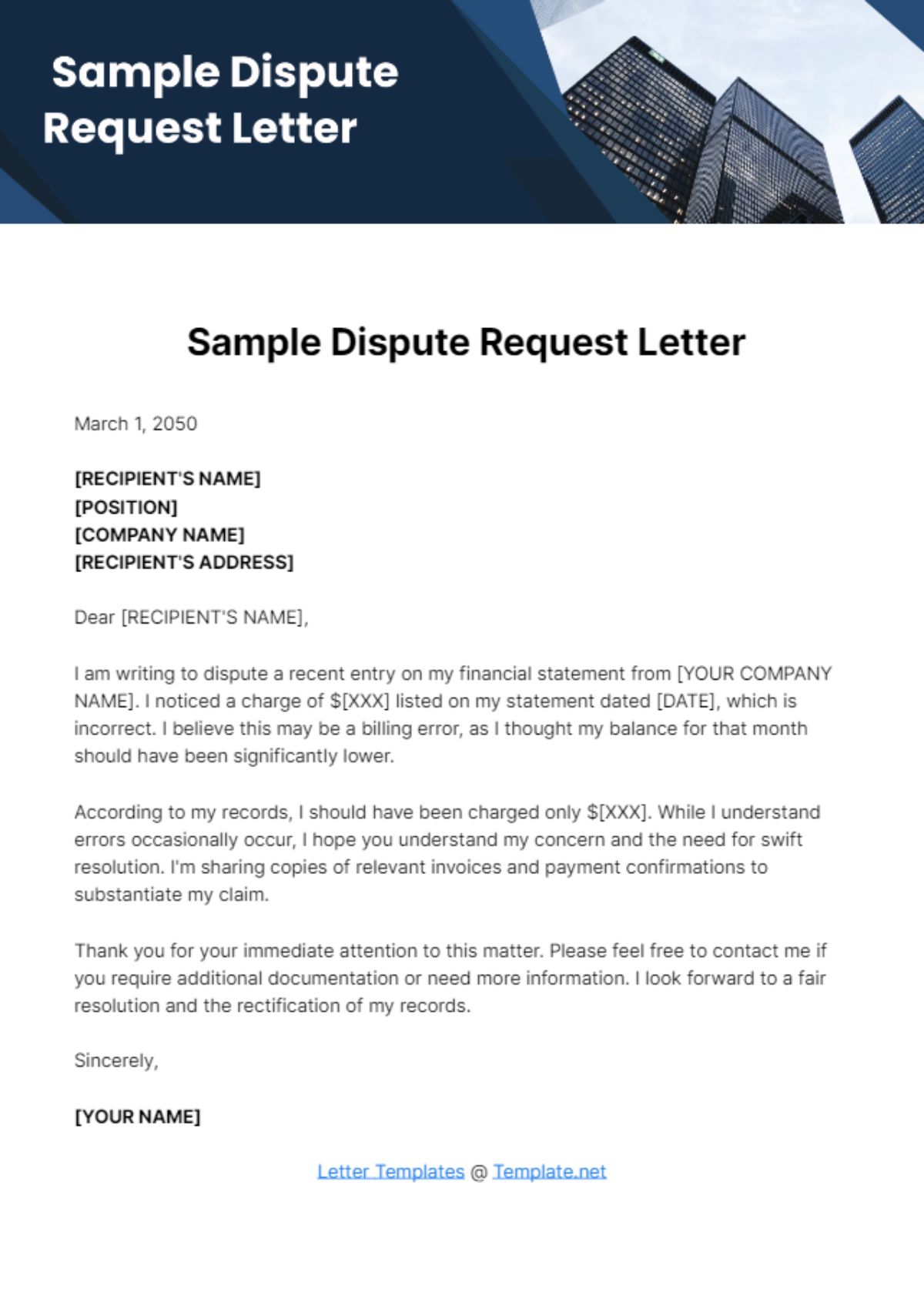 Free Sample Dispute Request Letter Template