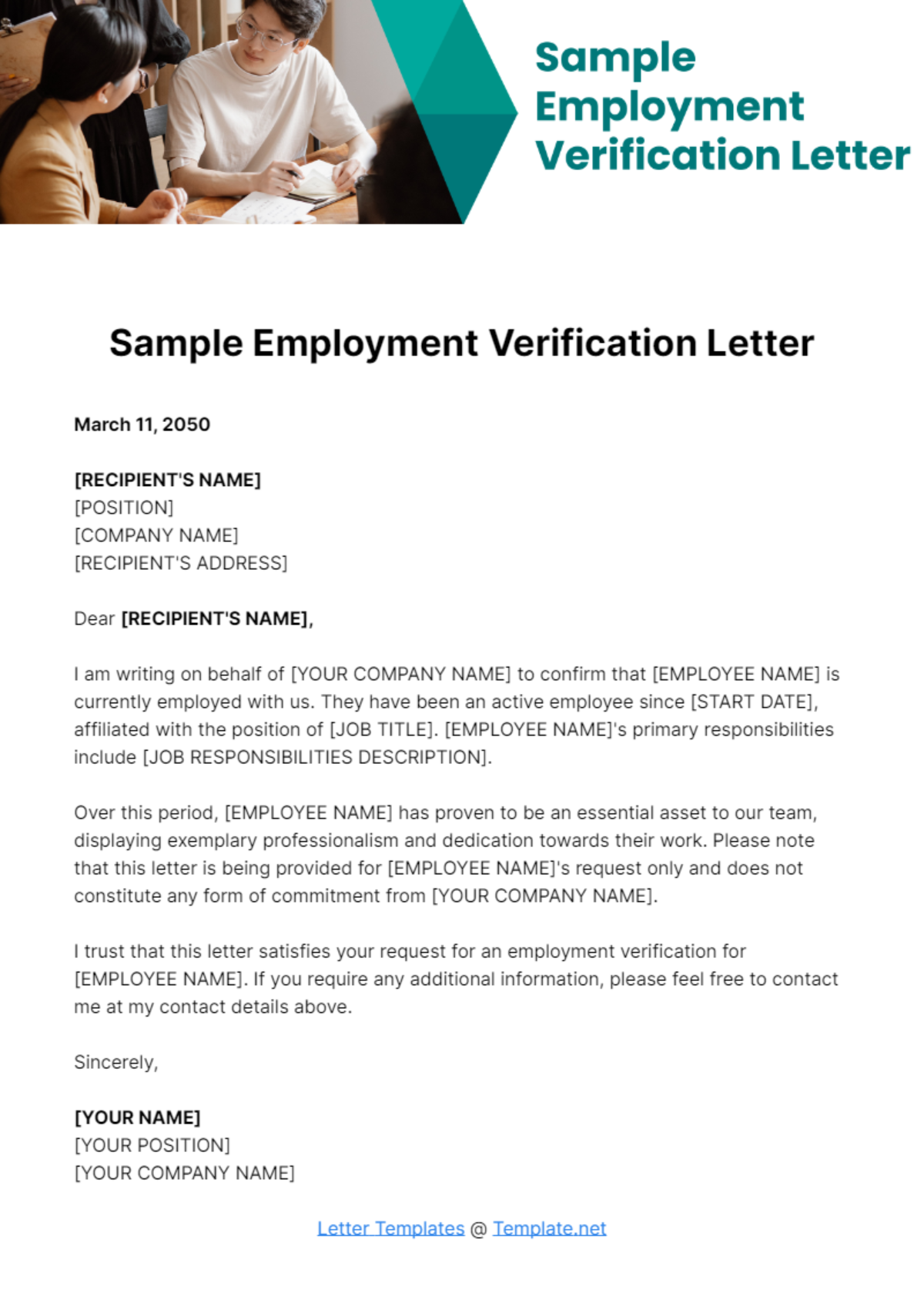 Free Sample Employment Verification Letter Template